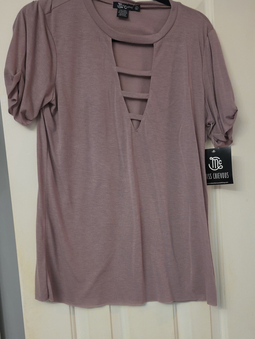 Miss Chievous Lavender-Mauve Ladder Strap Short Sleeve Top Size Large